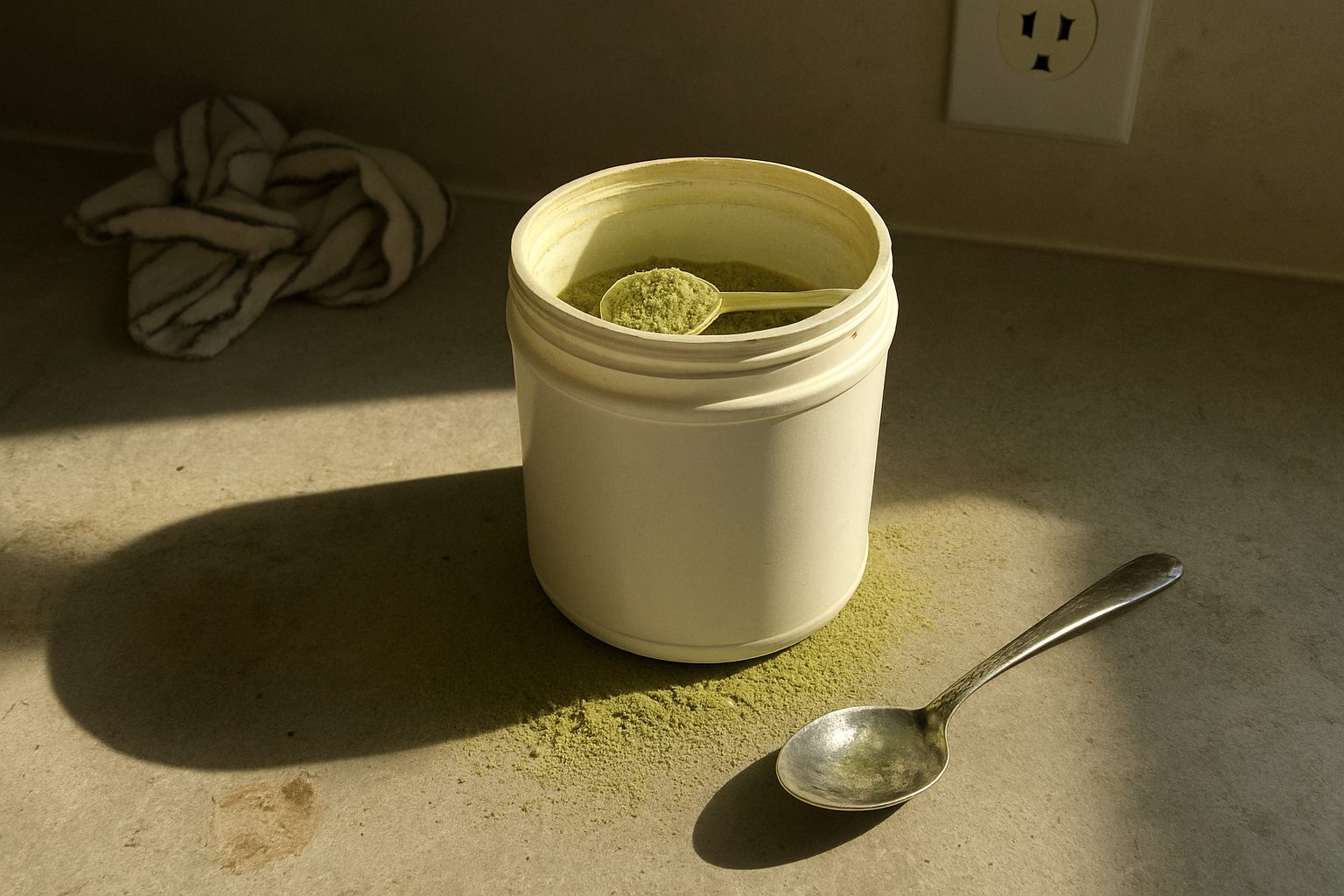 Pote de proteína de ervilha aberto com colher suja de pó sobre bancada de cozinha, ao lado de uma xícara com marca de dedo e toalha de prato torta