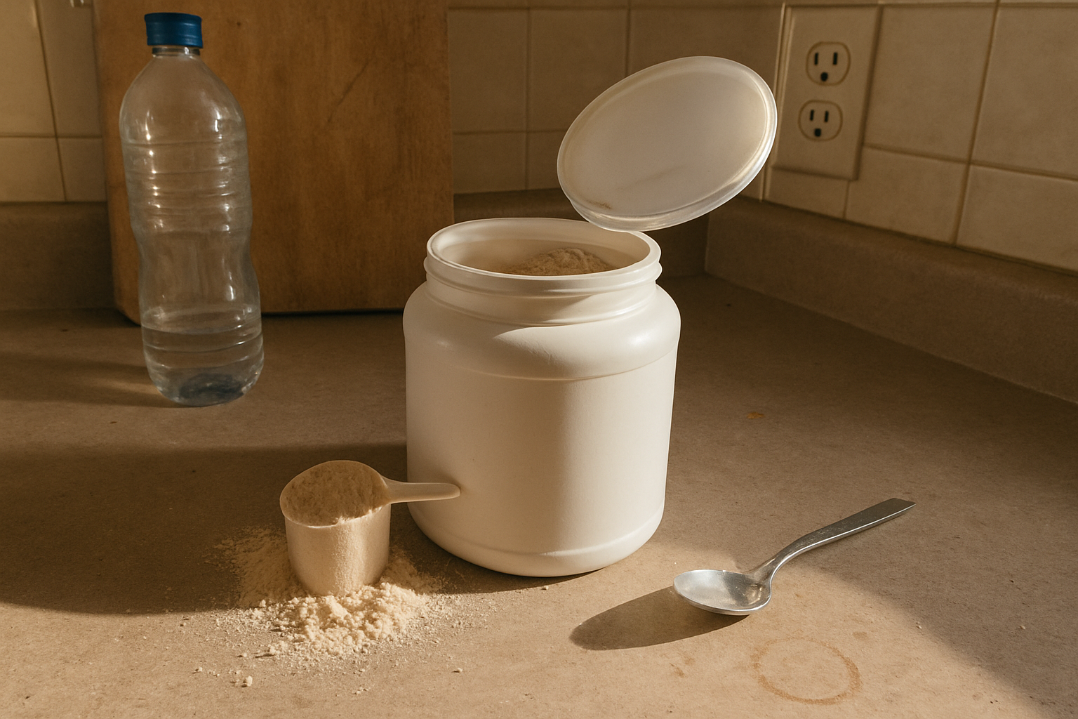 Pote de whey aberto com colher parcialmente encostada na borda, pó derramado na bancada de madeira riscada, garrafinha de água ao fundo com marca de dedo