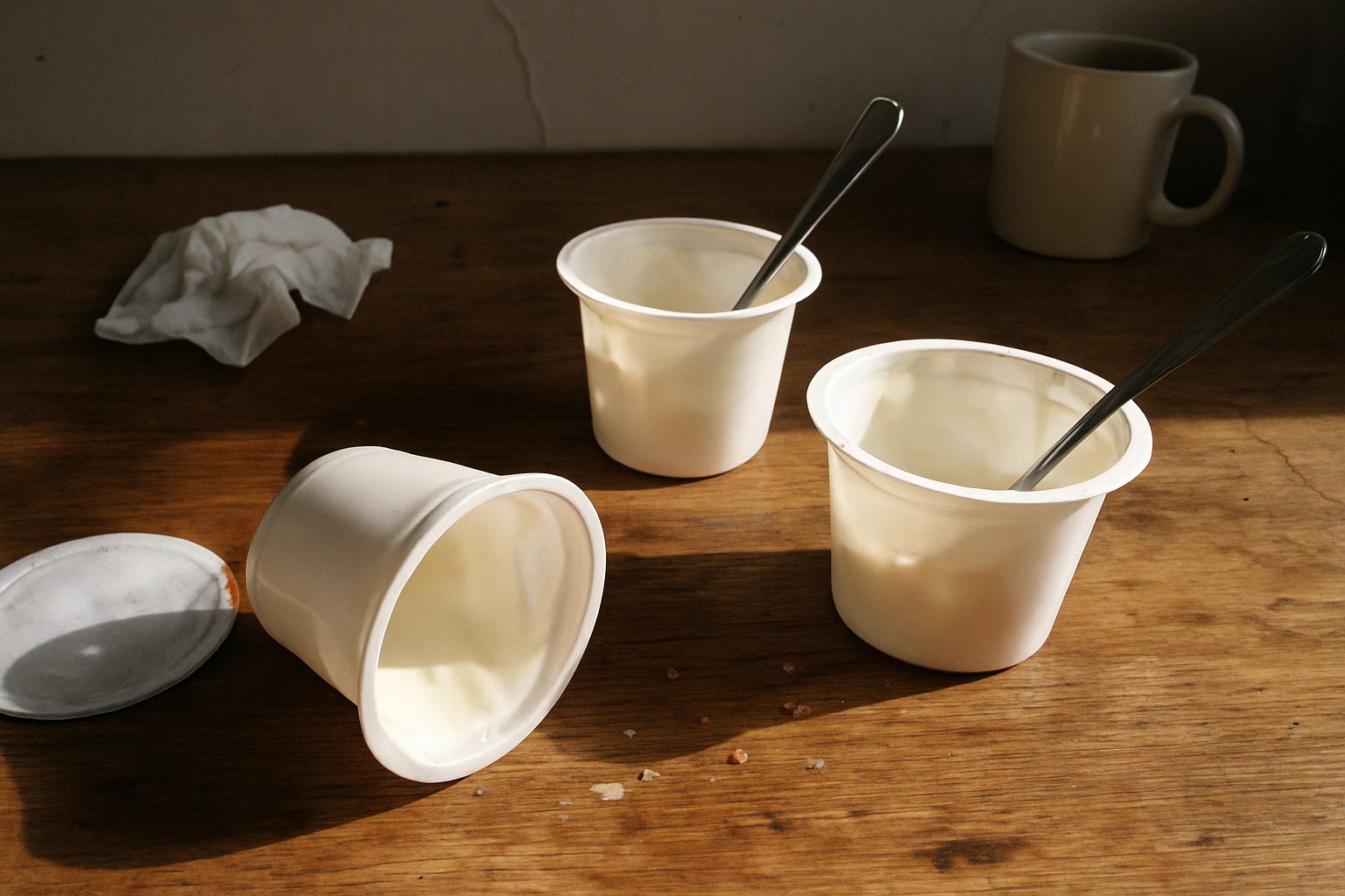 Pote de iogurte grego aberto pela metade com colher dentro e dois outros potes ao lado, um deles tombado, sobre mesa com migalhas e fiapo, luz de janela criando sombra dura