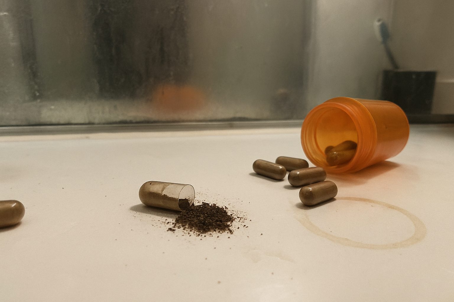 Suplemento de ferro em cápsula aberta sobre balcão de banheiro com espelho embaçado ao fundo, frasco tombado com outras cápsulas espalhadas e marca de xícara na superfície