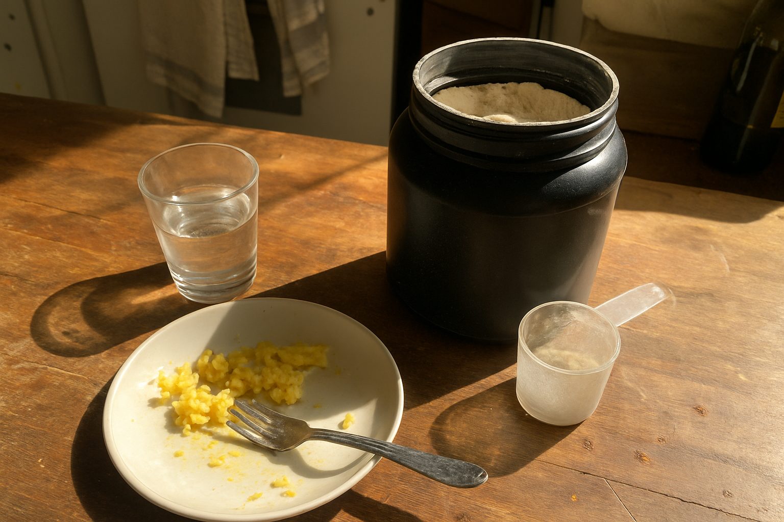 Pote de whey protein aberto com medidora suja de pó apoiada na borda, ao lado de um prato com restos de ovo mexido pela metade e garfo usado, sobre mesa de madeira com arranhados e migalhas espalhadas, à luz dura de janela
