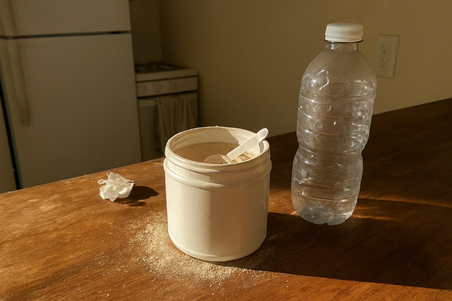 Pote de suplemento aberto com colher suja de pó branco sobre bancada de cozinha com migalhas, garrafa d'água com marca de dedo e rótulo amassado ao lado, luz solar dura entrando pela janela