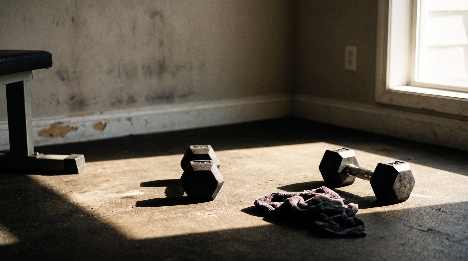 Halteres e anilhas de ferro empilhados no canto de uma sala de treino com piso escuro, luz forte de janela entrando pela lateral
