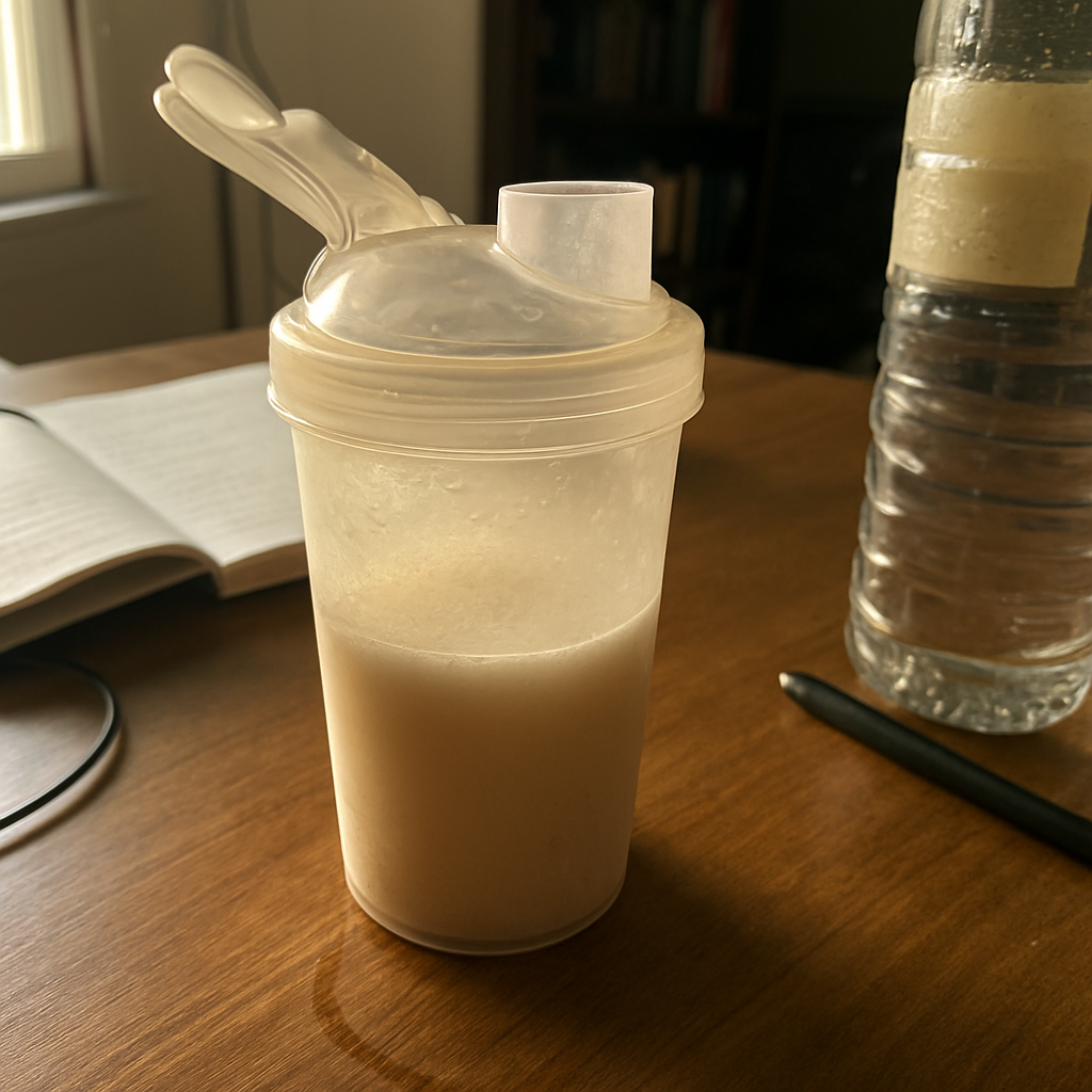 Copo plástico com água turva de creatina já pela metade em cima de uma mesa de sala com garrafa de água grande ao lado e caderno aberto parcialmente visível