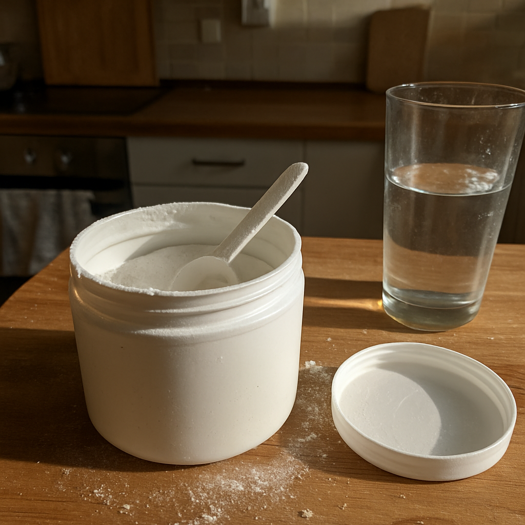 Pote aberto de creatina monoidratada com colher de medida suja de pó branco sobre bancada de cozinha com migalhas e garrafa de água ao fundo