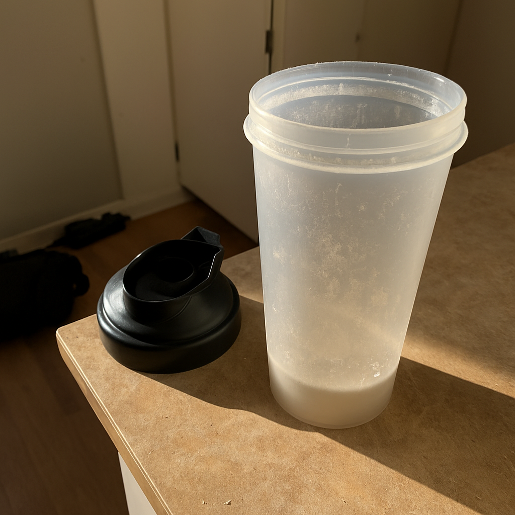 Copo com shake proteico já usado, resíduo de pó nas bordas internas, pousado sobre bancada com marcas de uso, sem nenhuma fonte de carboidrato à vista ao redor.