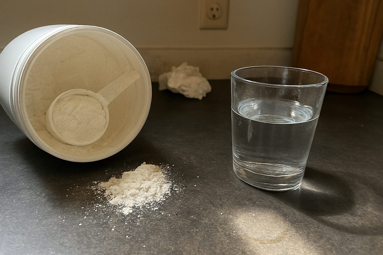Pote de suplemento proteico aberto com colher dentro e whey derramado na bancada ao lado de um copo de água pela metade
