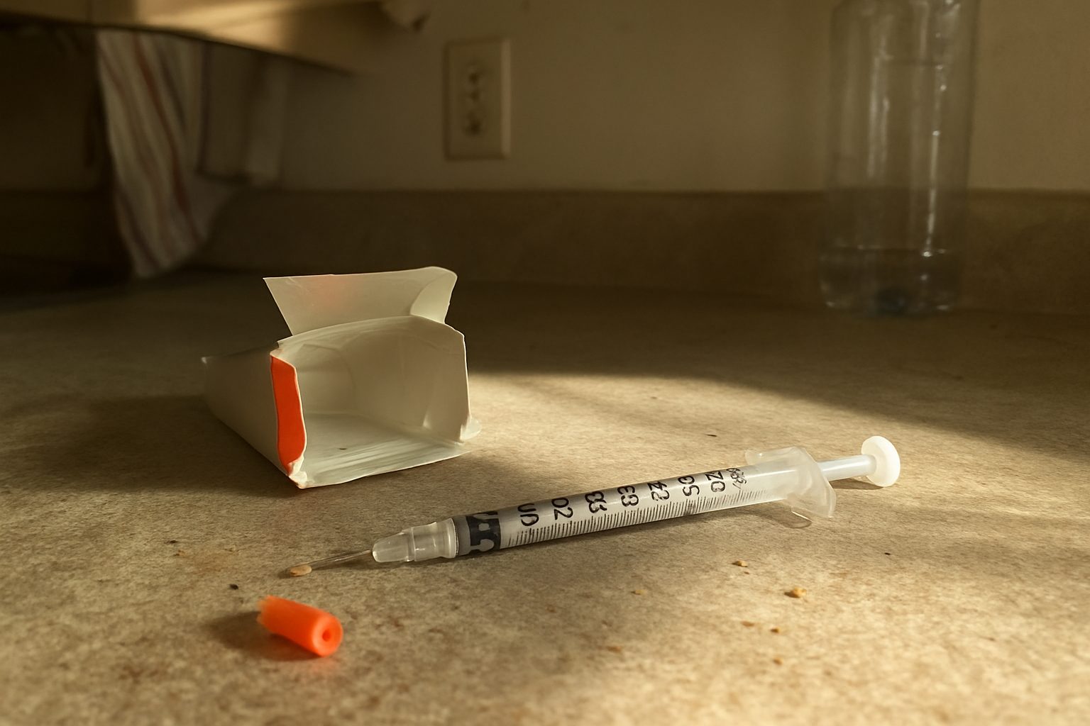 Seringa descartável usada sobre bancada de cozinha, com caixa de medicamento aberta e amassada ao lado, marcas de dedo no plástico e gota de líquido na ponta da agulha