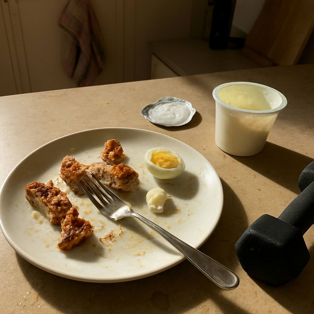 Prato com frango grelhado ja comecado, ovo cozido, pote de iogurte aberto e um haltere pequeno sobre bancada de cozinha usada, com luz forte de janela