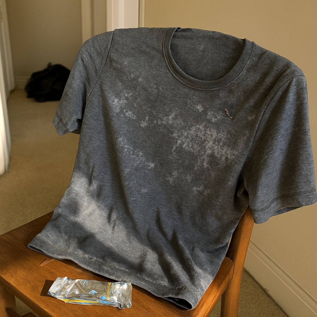 Camiseta de corrida cinza com manchas brancas de sal ressecado jogada sobre uma cadeira, ao lado de um sachê de gel de carboidrato aberto e amassado.