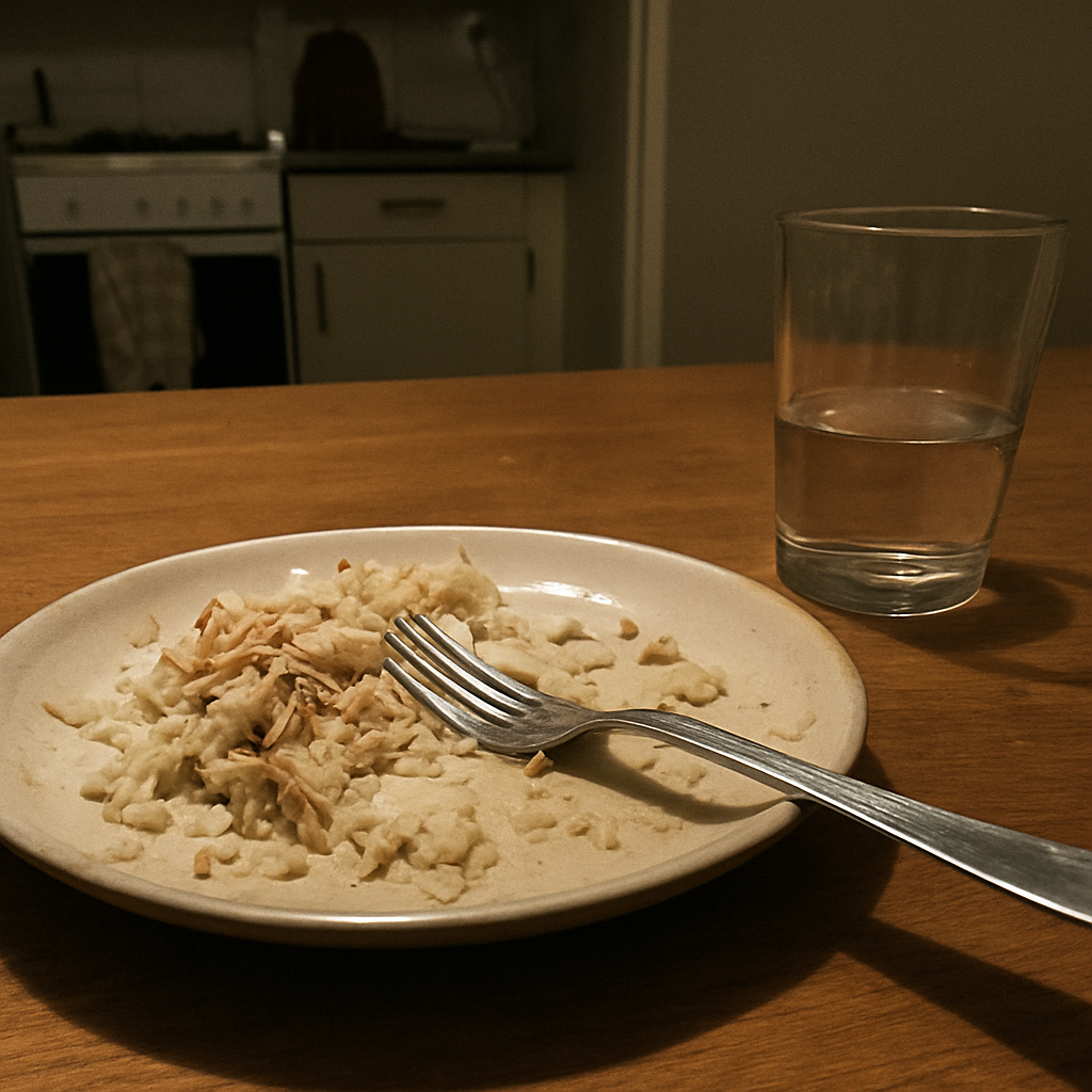 Prato de jantar pela metade em uma mesa de madeira com garfo apoiado sobre a comida, arroz e frango com pedaços já mexidos, ao lado de um copo com resto de água, luz quente de uma lâmpada de teto iluminando a cena de lado.