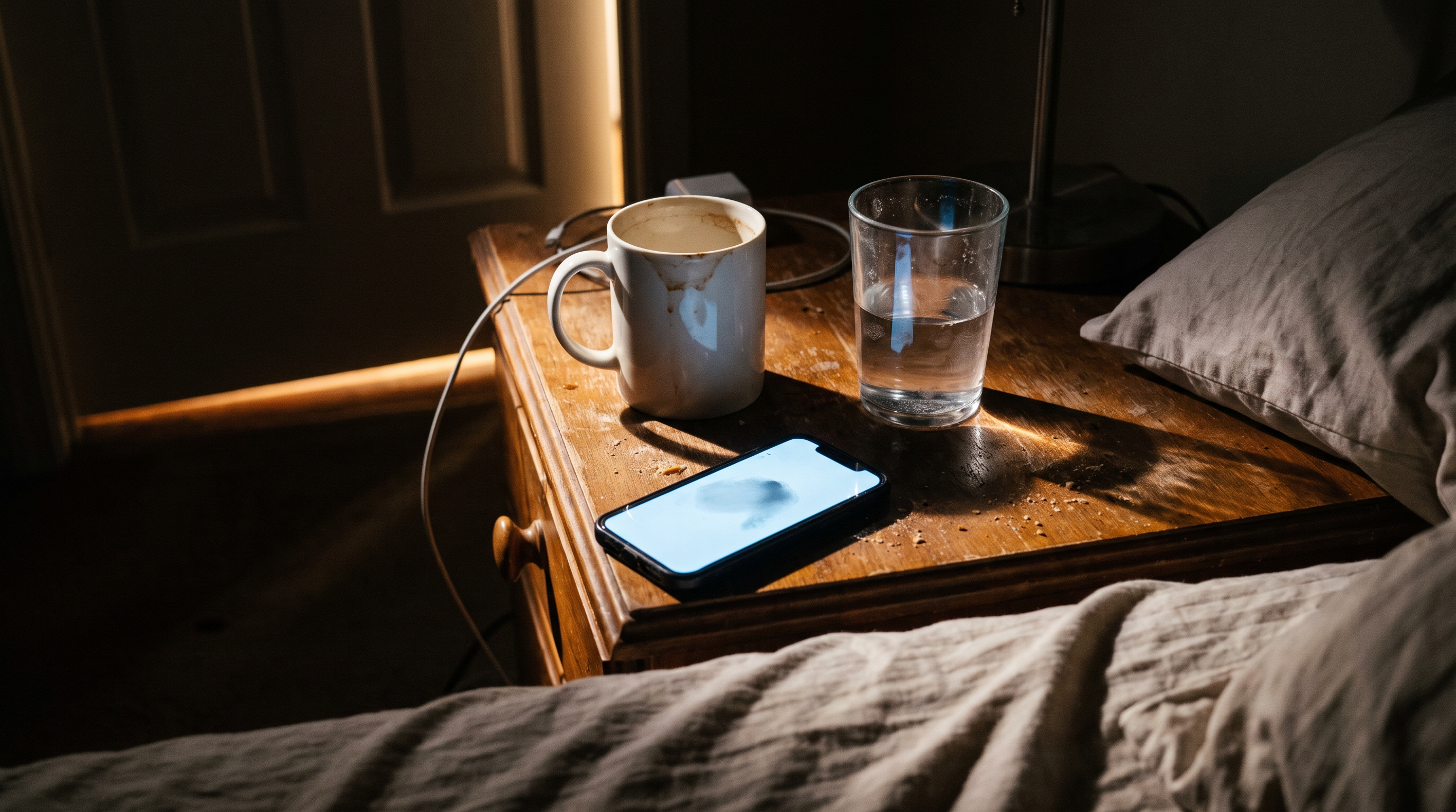 Mesa de cabeceira à noite com xícara de café pela metade, celular com tela acesa virada para cima e copo d'água com marca de dedo, tudo em cima de uma superfície de madeira gasta, com lençol amassado aparecendo na borda do quadro.