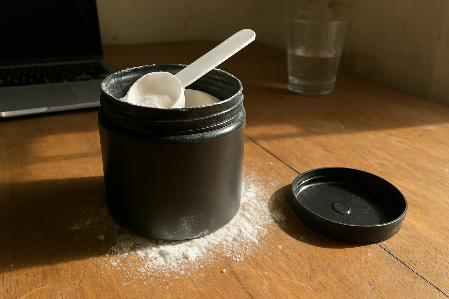 Pote de creatina aberto com colher suja dentro, tampa jogada ao lado, pó espalhado na bancada de madeira desgastada com luz forte de janela
