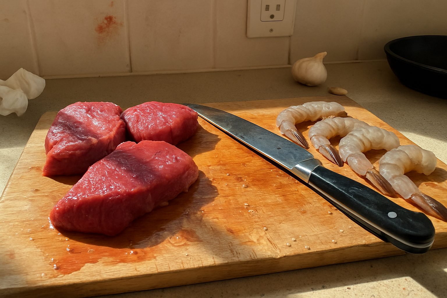 Pedaços de carne vermelha crua e frutos do mar sobre tábua de madeira usada em cozinha doméstica, com faca ao lado e suco da carne espalhado