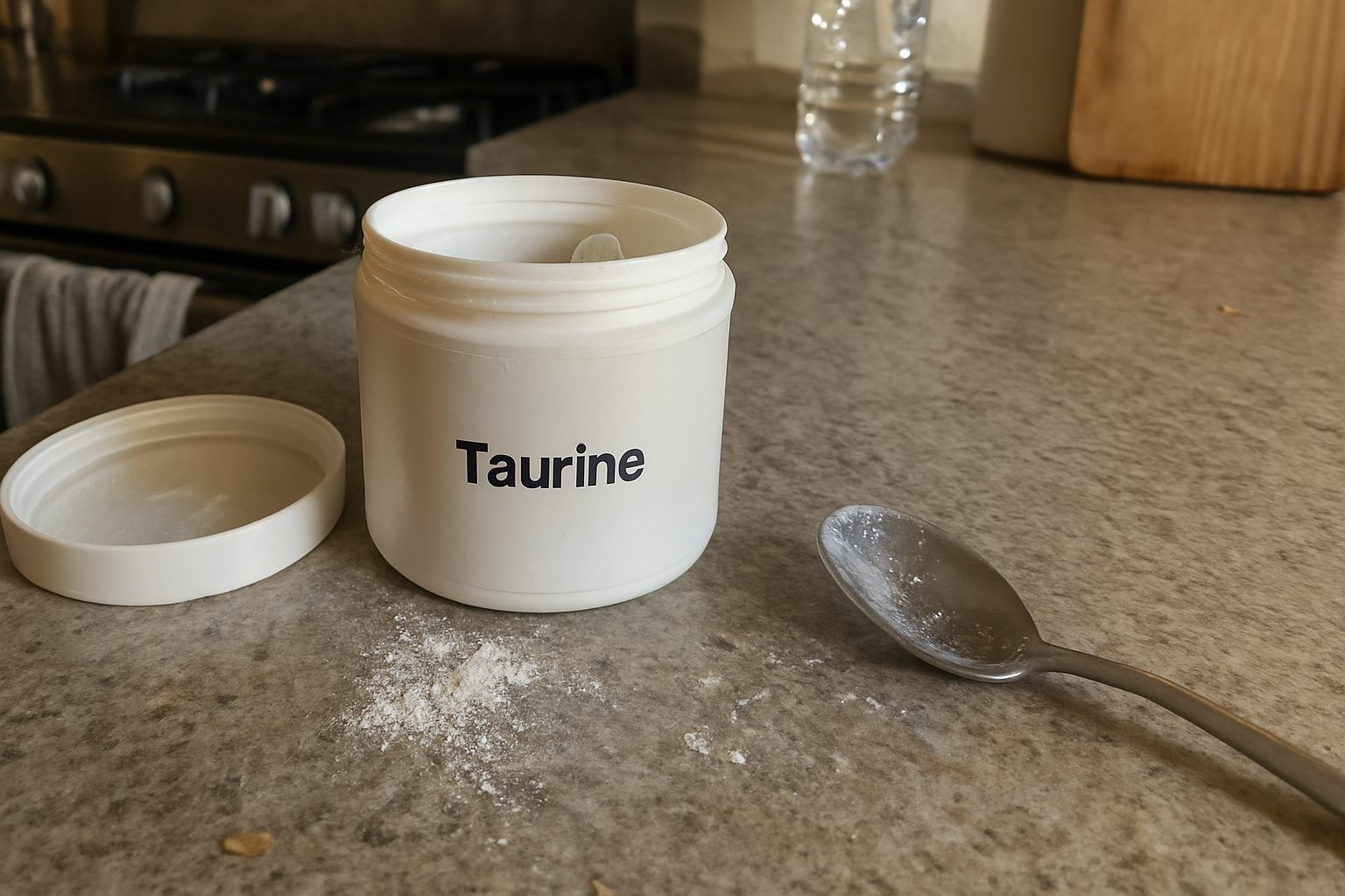 Pote de taurina em pó aberto com colher apoiada na borda, tampa virada ao lado, sobre bancada de cozinha com marcas de uso e migalhas espalhadas