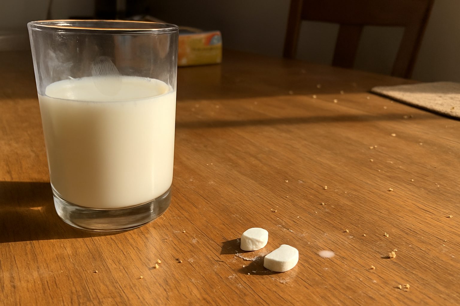 Copo de leite meio cheio com marca de dedo no vidro sobre mesa com migalhas, ao lado de comprimido de lactase partido ao meio