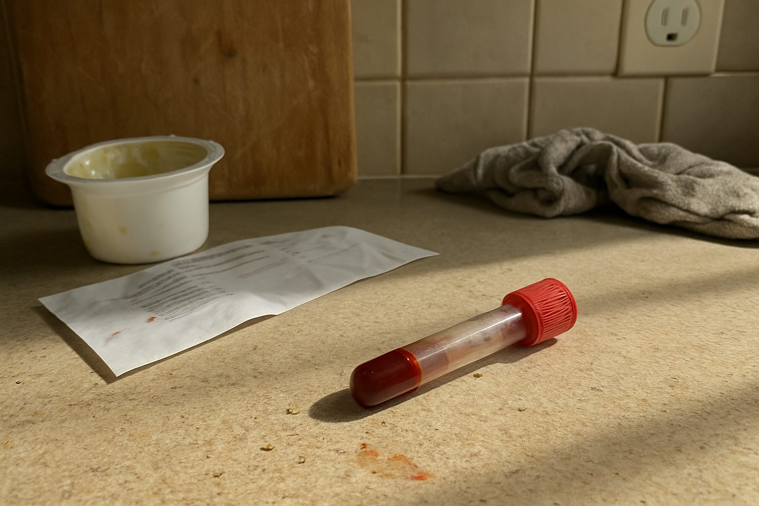Tubo de coleta de sangue aberto sobre bancada de cozinha com gota vermelha na lateral, folha de resultado de exame pela metade e pote de iogurte aberto com tampa virada ao lado