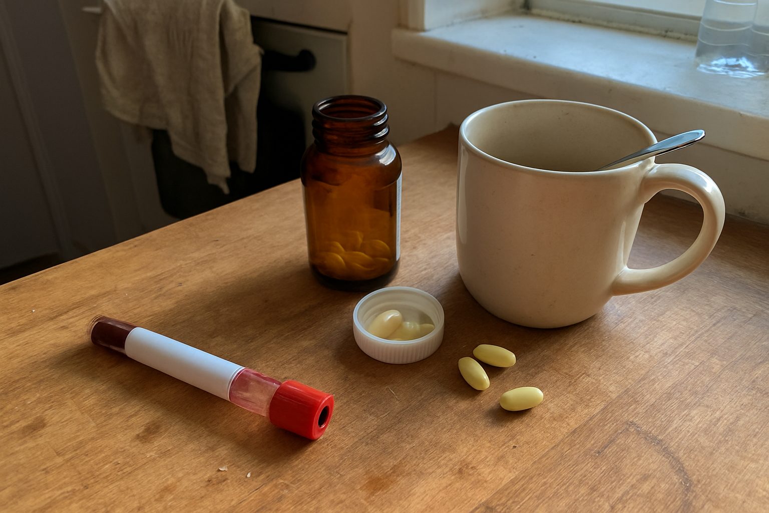 Tubo de exame de sangue sobre bancada de cozinha com marcas de uso, frasco de vitamina D aberto ao lado e colher suja, luz dura de janela criando sombra forte