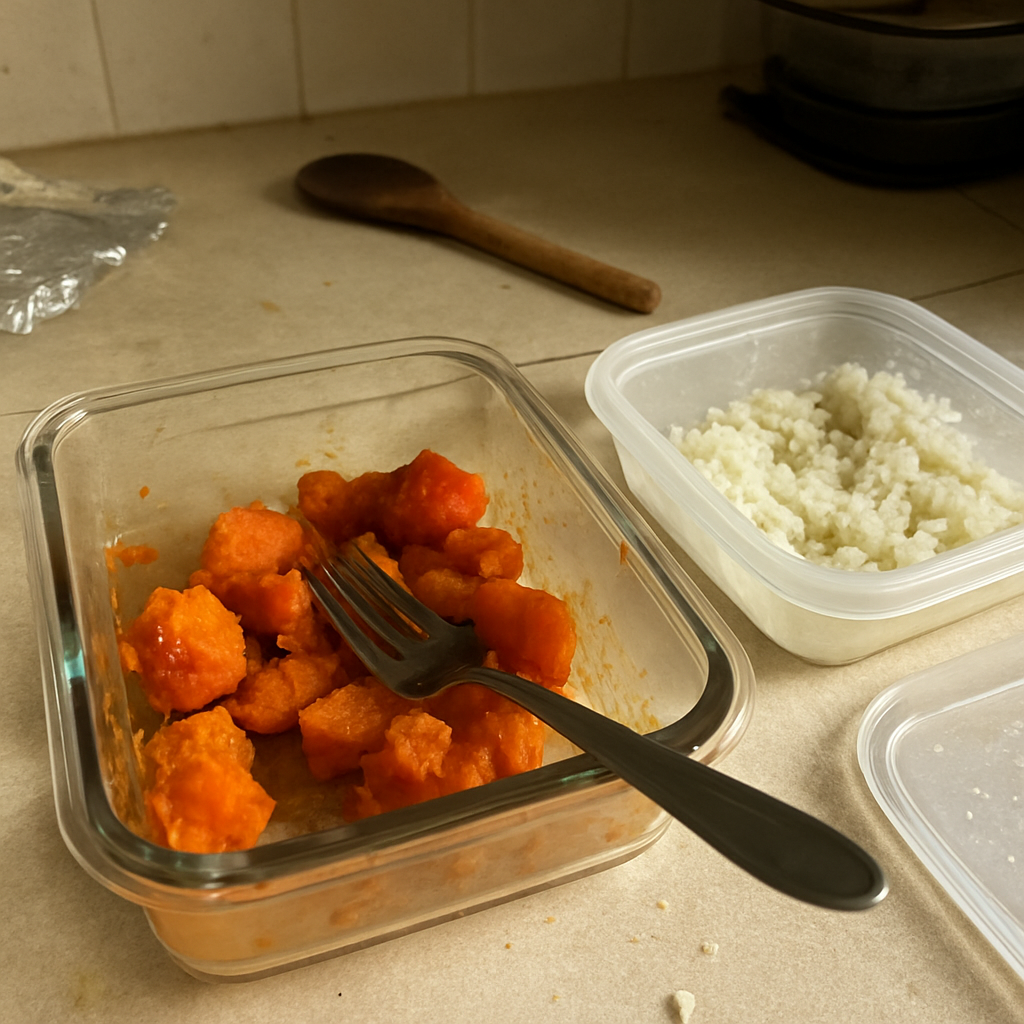 Recipiente de vidro com batata-doce cozida já aberto e garfo enfiado dentro, ao lado de pote plástico com arroz branco, sobre bancada de cozinha com contexto de preparo de marmita.