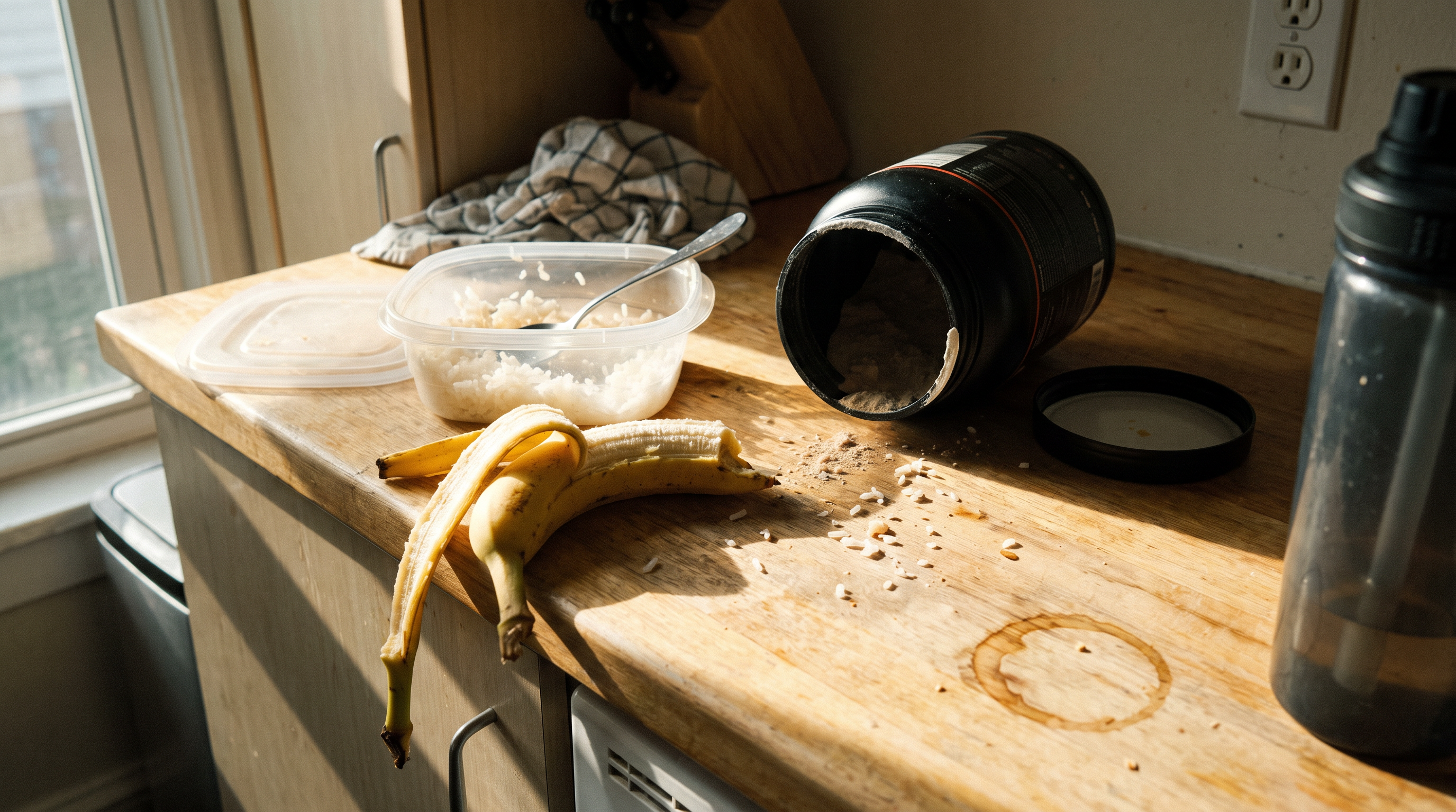 Banana madura parcialmente descascada ao lado de recipiente plástico com arroz branco já servido e pote de proteína aberto, sobre bancada de cozinha doméstica com marcas de uso.