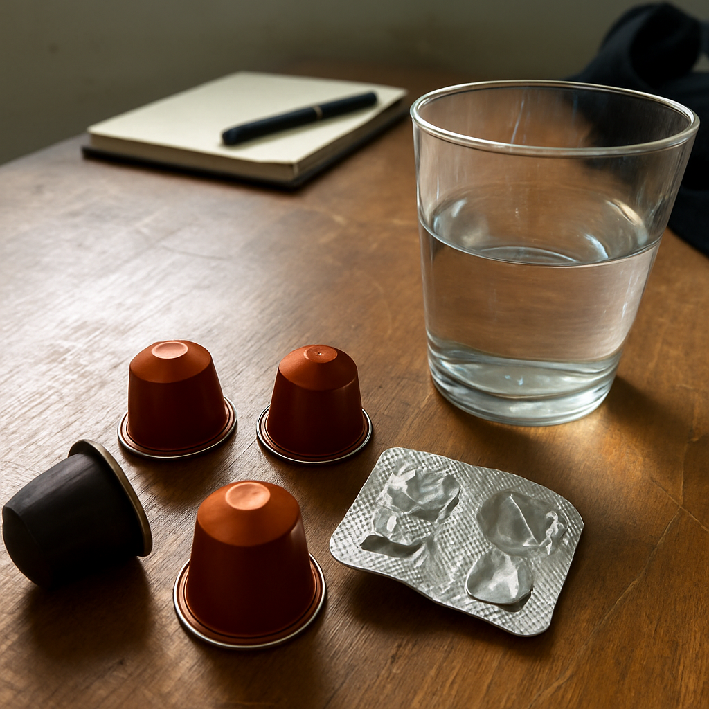 Cápsulas de cafeína espalhadas sobre mesa de madeira riscada, ao lado de copo d'água com marca de dedo e embalagem aberta com borda amassada