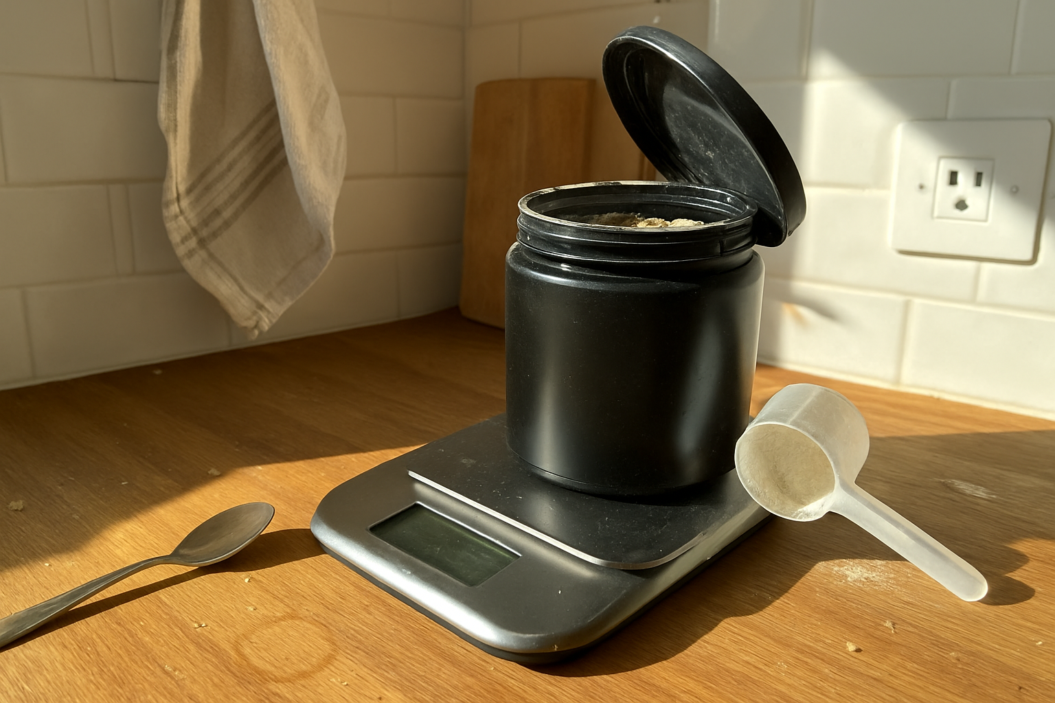 Balança de cozinha simples com um pote de proteína whey aberto e uma colher medidora suja de pó branco ao lado, sobre bancada de madeira com migalhas e uma marca de xícara
