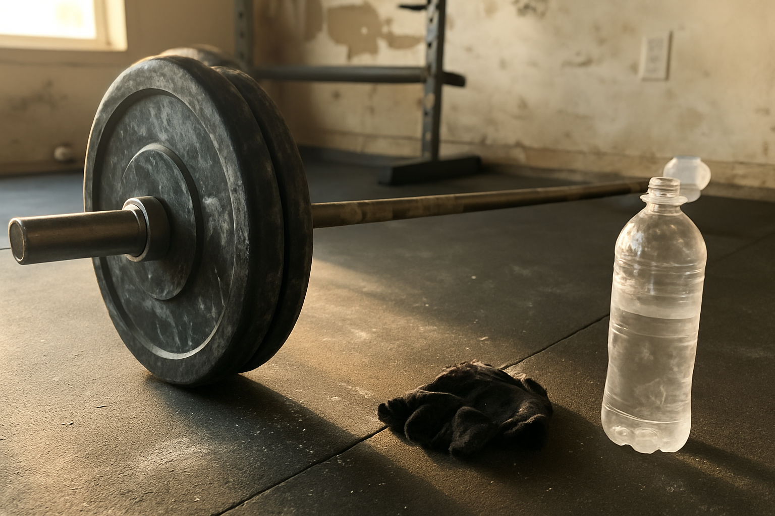 Barra com anilhas usada apoiada no chão de academia com piso de borracha gasto, ao lado de um frasco plástico de água com marca de dedo e tampa aberta, e uma toalha dobrada de qualquer jeito embaixo da barra