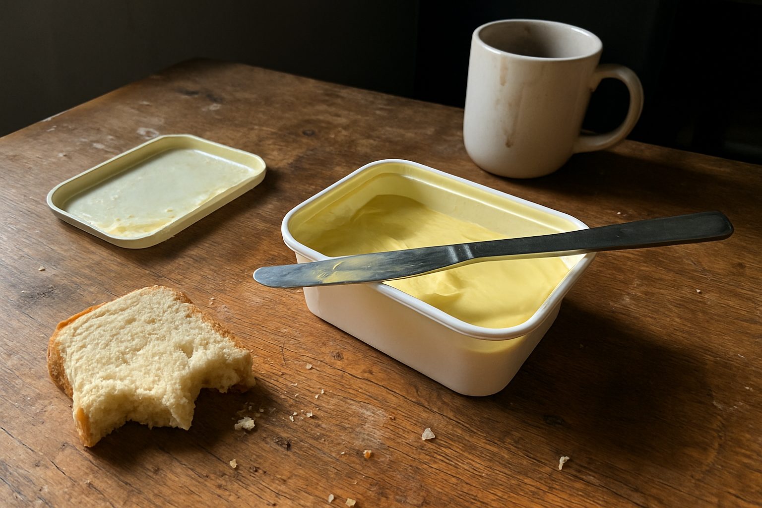 Pote de margarina aberto com a tampa virada ao lado, sobre uma tábua de madeira arranhada, com migalhas de pão e uma faca untada encostada