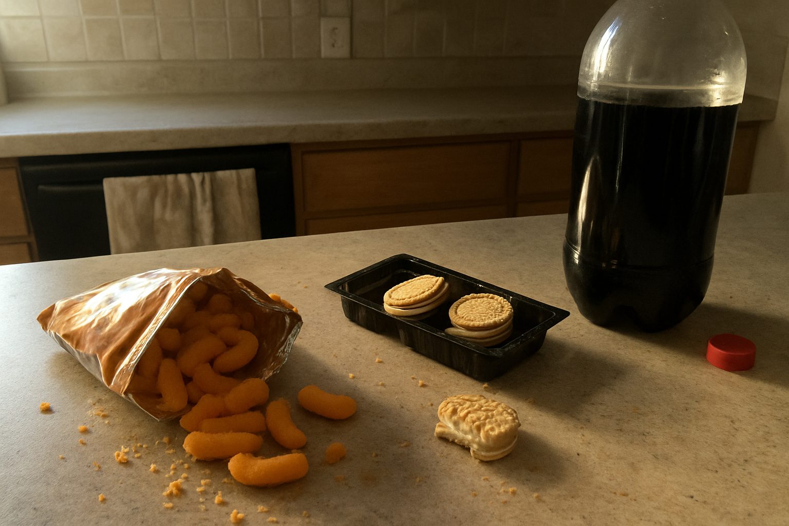 Embalagens de salgadinhos e biscoitos recheados abertos sobre uma bancada de cozinha com migalhas espalhadas e uma garrafa de refrigerante pela metade ao lado