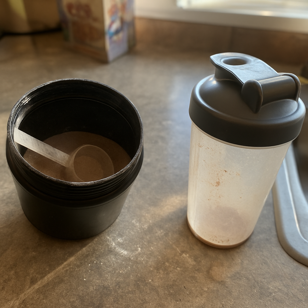 Pote de proteína em pó aberto com colher suja dentro, ao lado de um copo plástico com resto de shake no fundo, sobre bancada de cozinha com respingos e uma embalagem vazia ao fundo