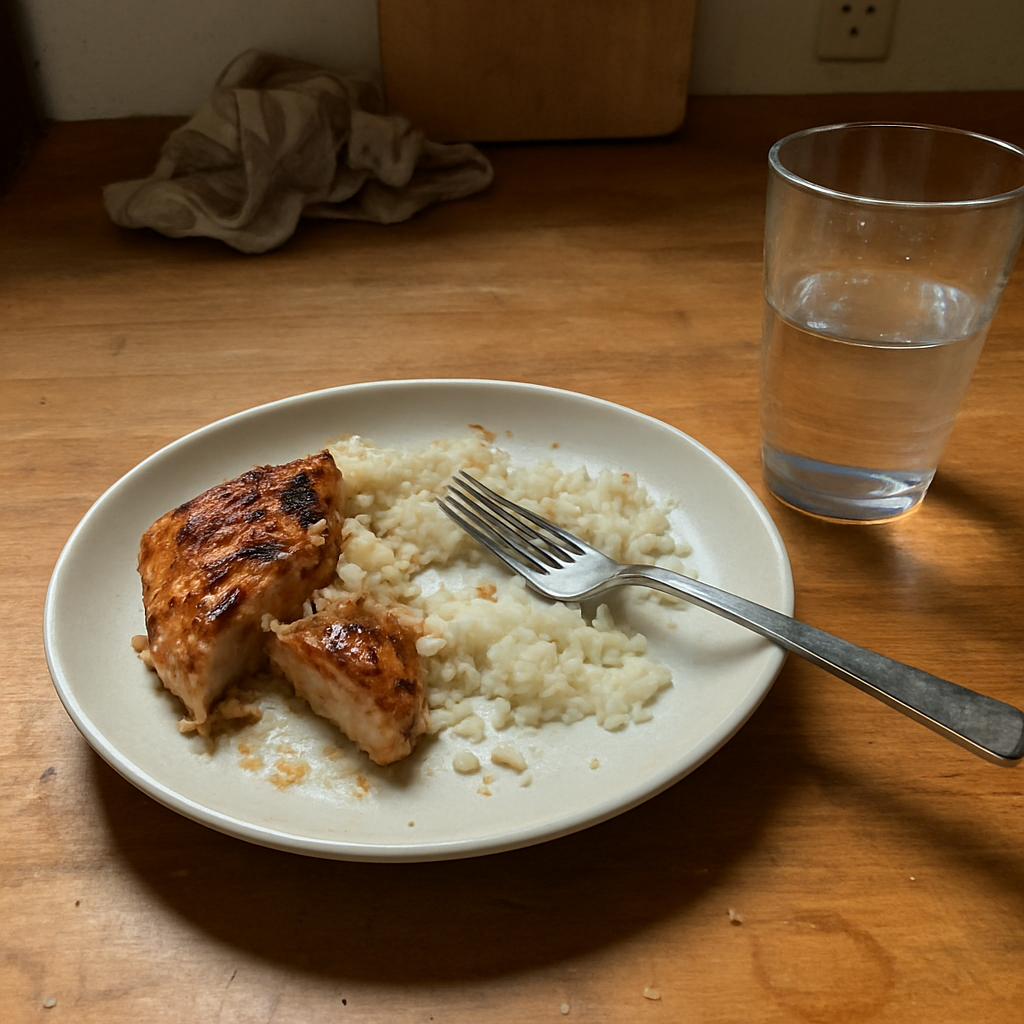 Prato de frango com arroz já pela metade, garfo apoiado sobre a comida e copo d'água com marca de dedos ao lado, sobre mesa de madeira riscada com migalhas espalhadas