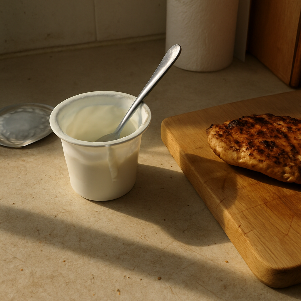 Pote de iogurte aberto com colher dentro e borda suja, ao lado de pedaço de frango sólido sobre tábua de corte, em bancada de cozinha com marcas de uso