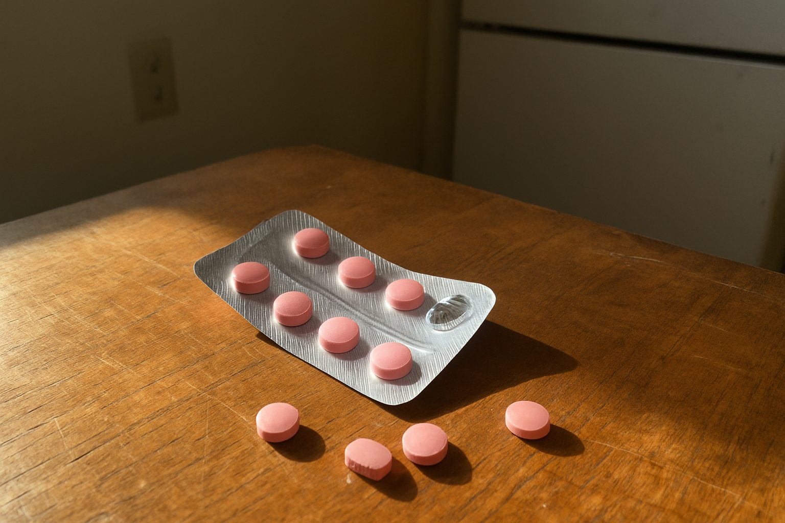 Comprimidos de vitamina B12 espalhados sobre mesa de madeira velha com uma cartela aberta e dobrada ao lado, em cozinha doméstica com luz de janela criando sombra dura