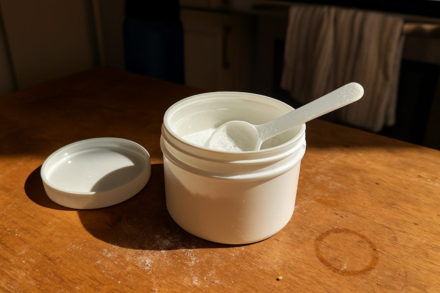Pote de suplemento de vitamina B12 aberto com colher de medição suja de pó branco ao lado, sobre bancada de madeira riscada com migalhas e uma garrafa de água desfocada ao fundo