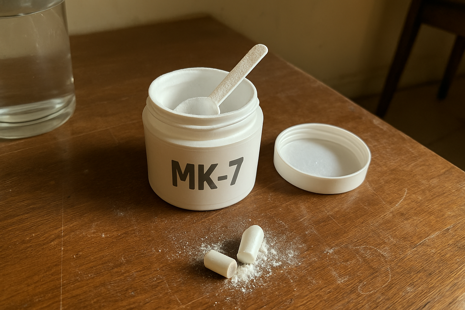 Pote de suplemento MK-7 aberto com colher plástica suja de pó branco sobre mesa de madeira riscada, com cápsula pela metade ao lado