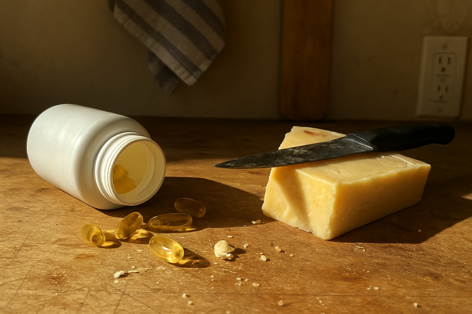 Pote aberto de suplemento de vitamina K2 em cápsula sobre bancada de cozinha com marcas de uso, queijo maturado cortado ao lado e sal espalhado na superfície de madeira