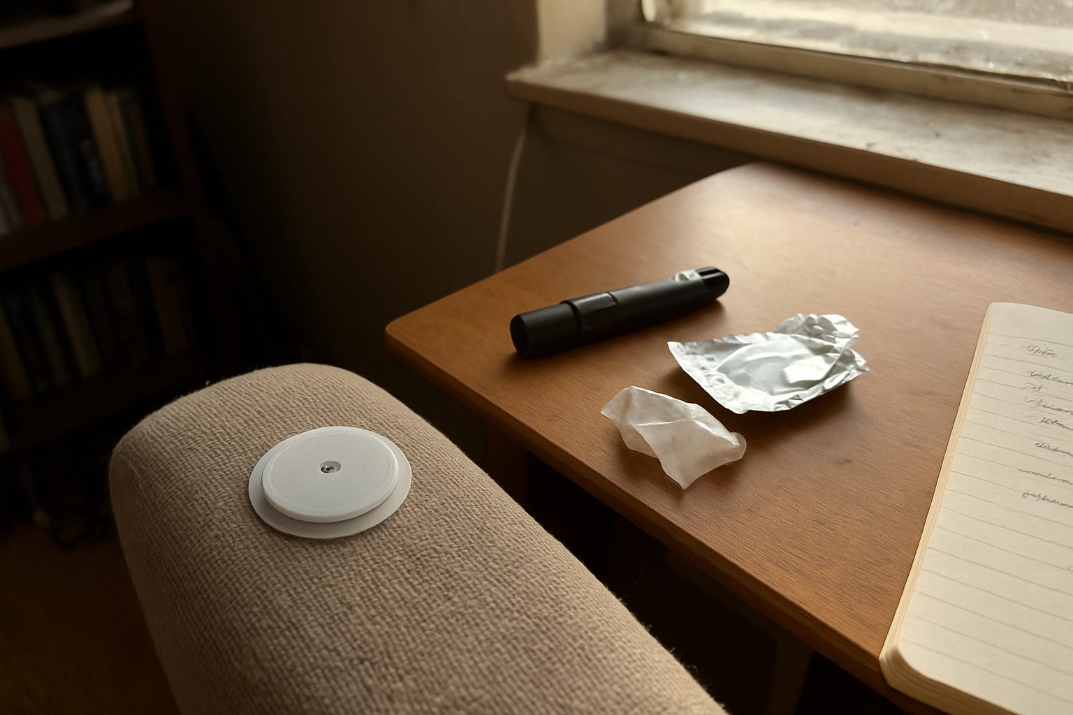 Sensor CGM de monitoramento contínuo de glicose colado no braço de uma cadeira, com lanceta ao lado e papel rasgado da embalagem sobre mesa
