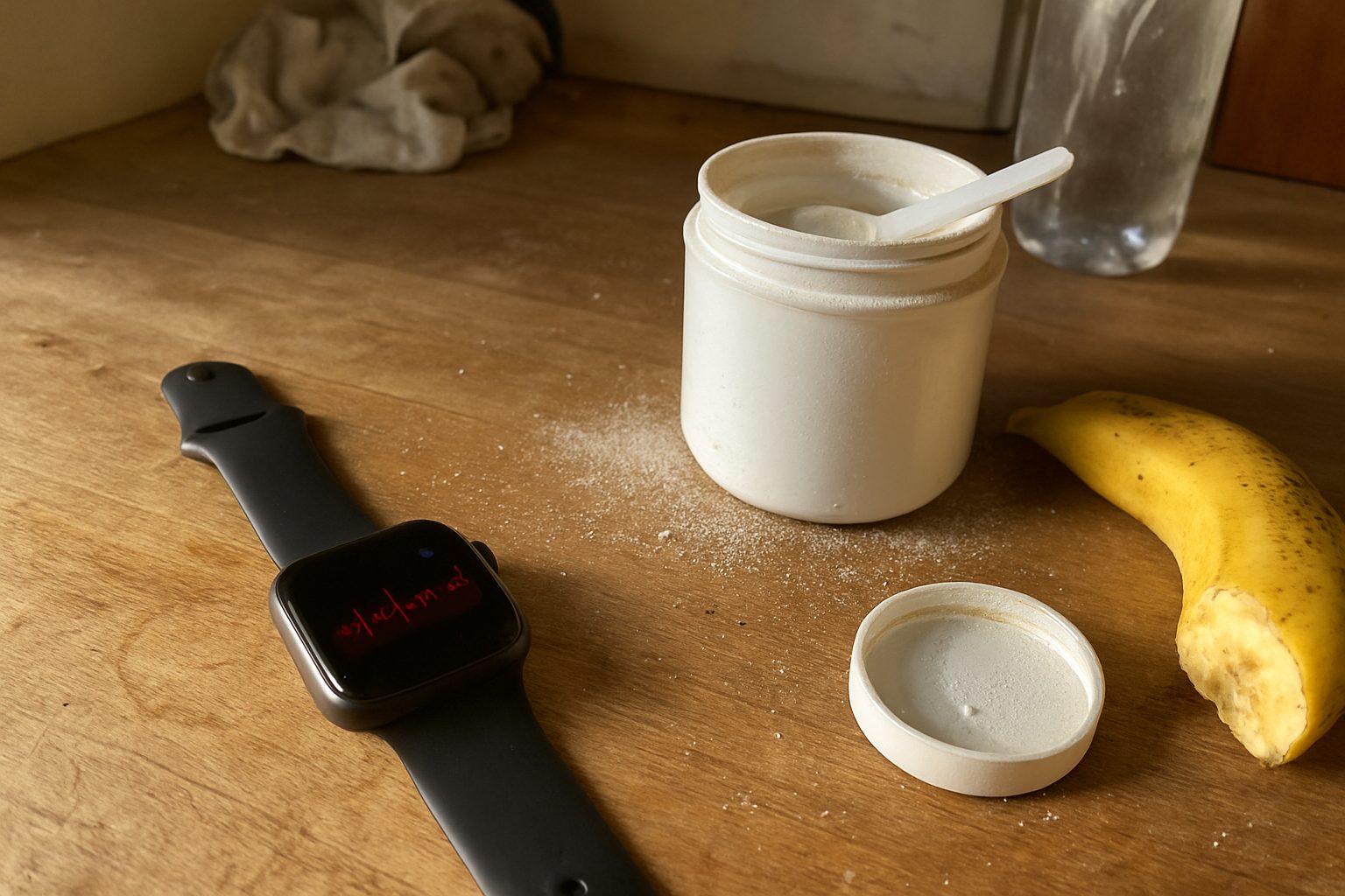 Smartwatch com tela de frequência cardíaca e variabilidade apoiado em bancada de cozinha, ao lado de pote aberto de suplemento com colher suja e migalhas espalhadas