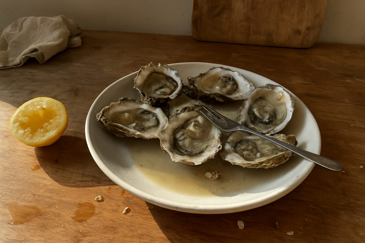 Ostras frescas em prato fundo, algumas já abertas com garfo de marisco apoiado sobre elas, limão cortado pela metade com suco espremido ao lado, tábua de madeira gasta ao fundo e gota d'água sobre a madeira da mesa