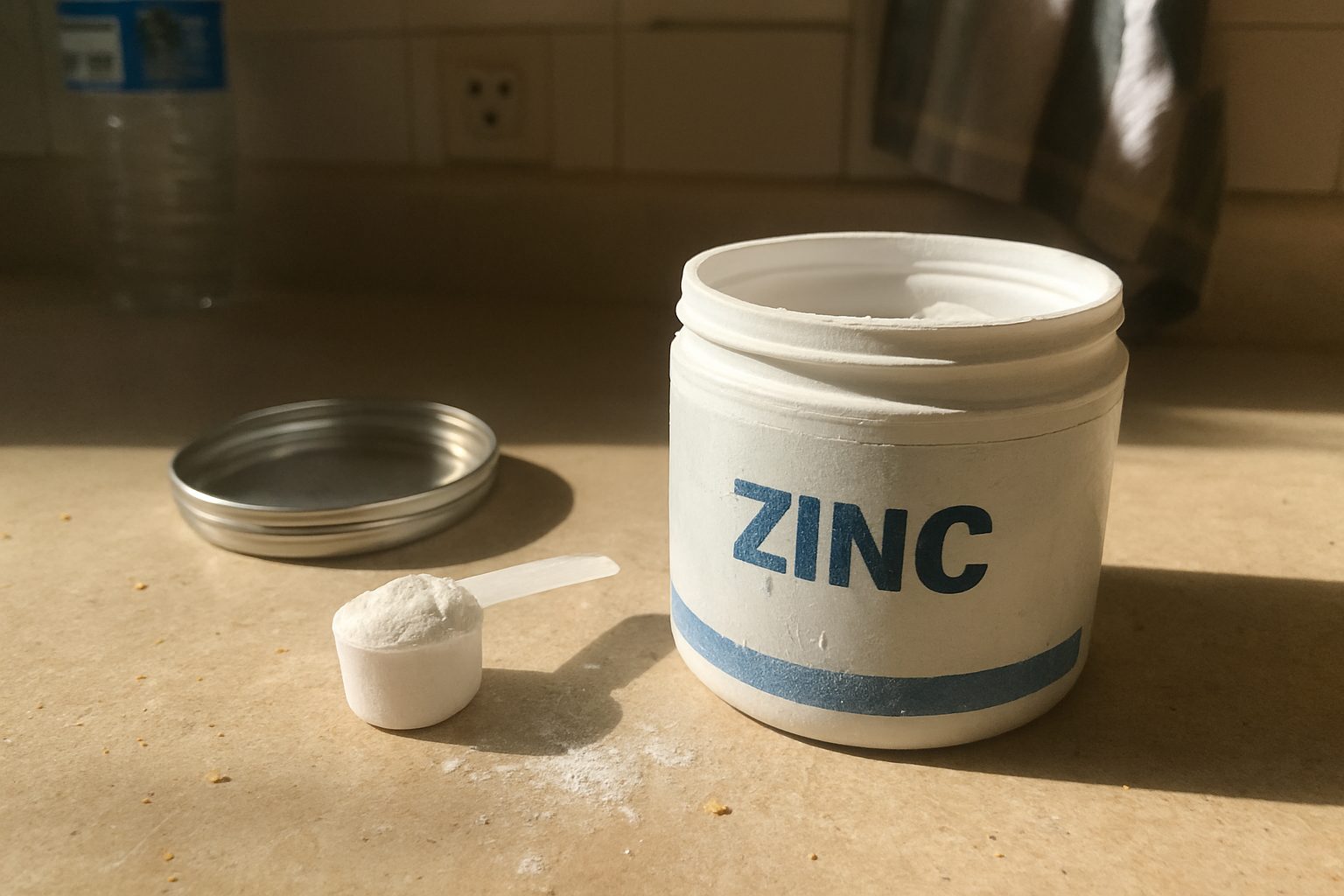 Pote de suplemento de zinco aberto com tampa virada ao lado sobre bancada de cozinha, colher de plástico com pó branco apoiada na borda, migalhas espalhadas e garrafa de água ao fundo levemente desfocada